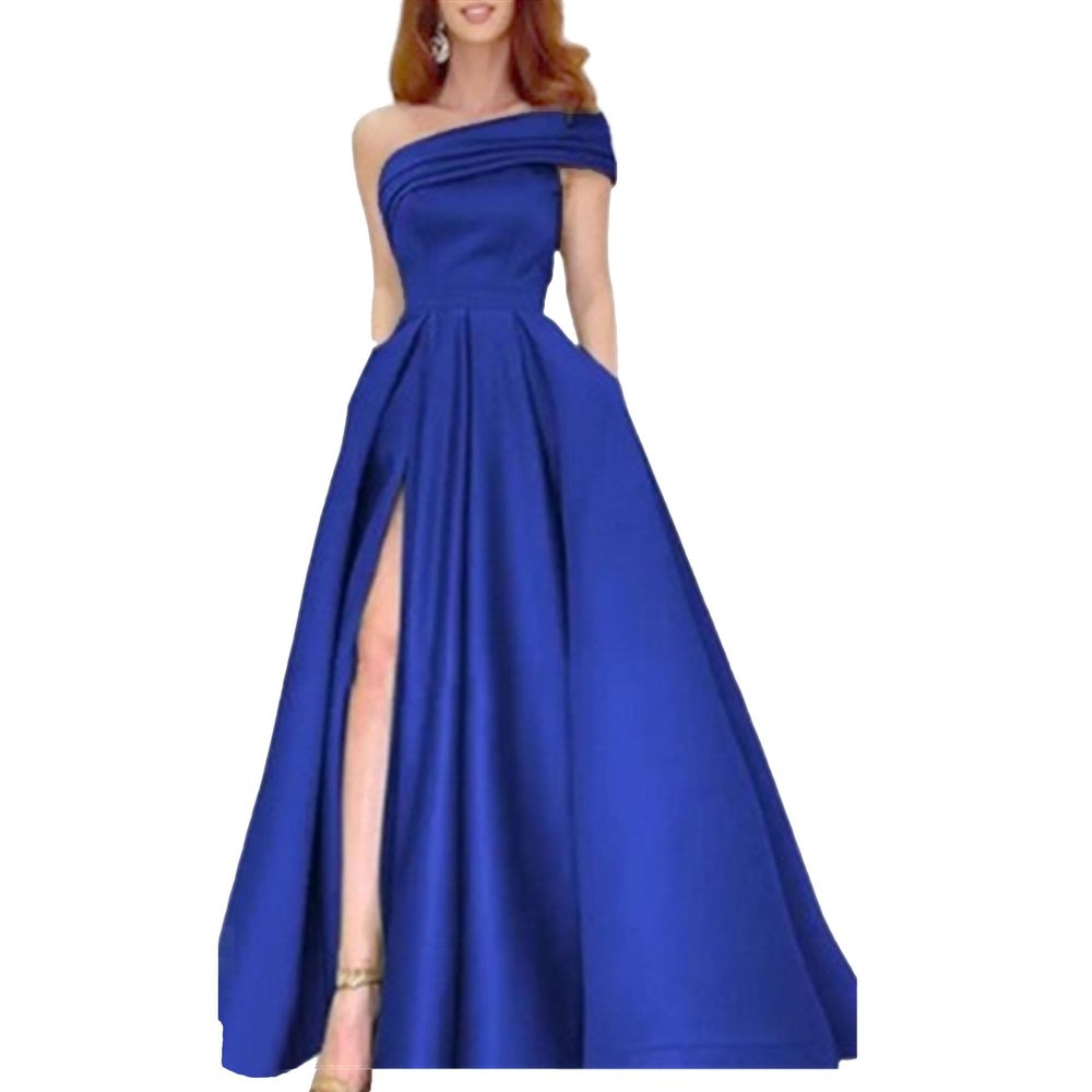 Women's Split Hem Elegant Maxi Dress Sleeveless Slim Fit Cocktail Party Dress One Shoulder Solid Satin Dresses (Blue,Small)