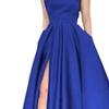 Women's Split Hem Elegant Maxi Dress Sleeveless Slim Fit Cocktail Party Dress One Shoulder Solid Satin Dresses (Blue,Small) view 2