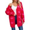 Women's Heart Printed Cardigans Casual Long Sleeve Knitted Open Front Sweater Cardigans Rose Red