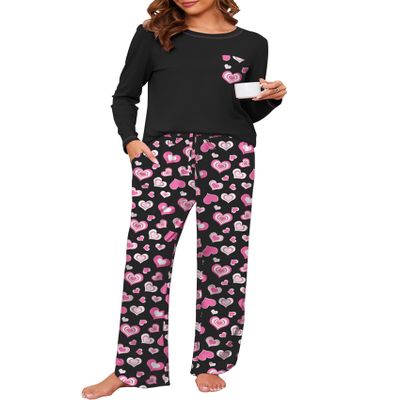 Namatime Cotton Pajamas for Women Set 2 Piece Lounge Sets Print Plaid Long Sleeve Soft Pj Set Winter Loungewear Sleepwear with Pockets Pajamas Pink Heart L