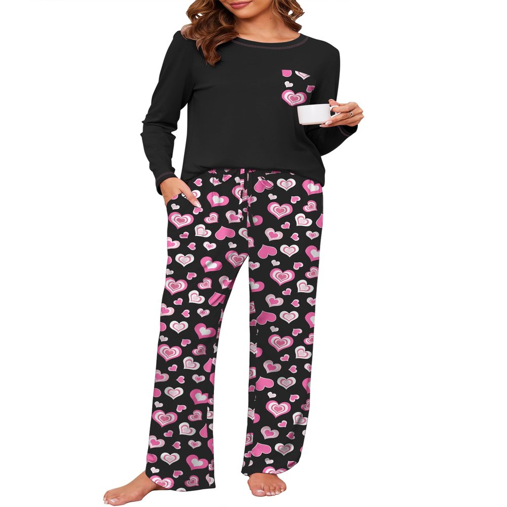 Namatime Cotton Pajamas for Women Set 2 Piece Lounge Sets Print Plaid Long Sleeve Soft Pj Set Winter Loungewear Sleepwear with Pockets Pajamas Pink Heart XL