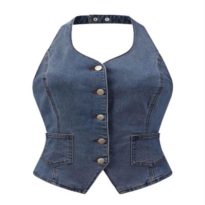 Allegra K Denim Vest for Women's Halter Neck Button Down Backless Jean Waistcoat Medium Gray Blue