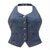 Allegra K Denim Vest for Women's Halter Neck Button Down Backless Jean Waistcoat Medium Gray Blue view 1