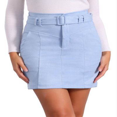 Allegra K Faux Suede Skirt for Women's High Waist Casual Belted Pencil Skirts X-Small Light Blue
