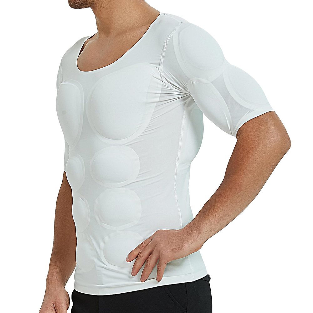 TXULYDD Fake Muscle T-Shirts for Men, Shaper Enhancers Strong Shoulders Padded Underwear, Make Your Body More Improved,White,S
