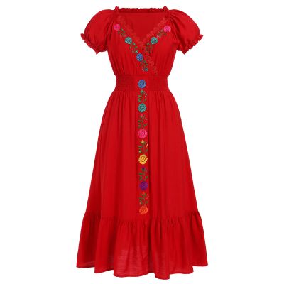 ABEHIK Mexican Dress for Women Traditional Embroidered V-Neck Casual Long Maxi Dress Summer Floral Cinco de Mayo Fiesta Dresses Beach Vacation Wedding Party Dress Red L