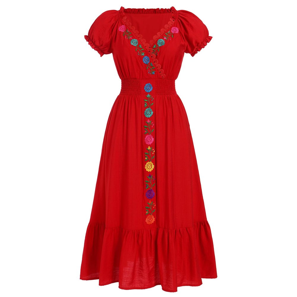 ABEHIK Mexican Dress for Women Traditional Embroidered V-Neck Casual Long Maxi Dress Summer Floral Cinco de Mayo Fiesta Dresses Beach Vacation Wedding Party Dress Red L