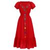ABEHIK Mexican Dress for Women Traditional Embroidered V-Neck Casual Long Maxi Dress Summer Floral Cinco de Mayo Fiesta Dresses Beach Vacation Wedding Party Dress Red L view 1