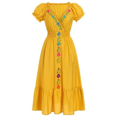 ABEHIK Mexican Dress for Women Traditional Embroidered V-Neck Casual Long Maxi Dress Summer Floral Cinco de Mayo Fiesta Dresses Beach Vacation Wedding Party Dress Yellow S