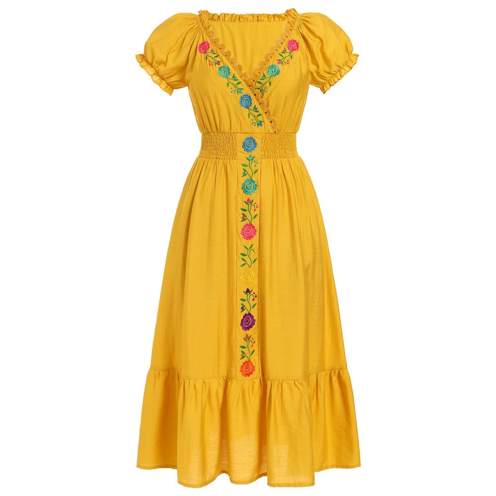 ABEHIK Mexican Dress for Women Traditional Embroidered V-Neck Casual Long Maxi Dress Summer Floral Cinco de Mayo Fiesta Dresses Beach Vacation Wedding Party Dress Yellow S