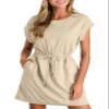 BLENCOT Womens Casual Spring Mini Dresses Patch Knit Short Sleeve Crewneck Ruffled Waist Drawstring Shift Dress Loose Pleat Shirt Dress P7016 Small with Pockets view 1