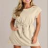 BLENCOT Womens Casual Spring Mini Dresses Patch Knit Short Sleeve Crewneck Ruffled Waist Drawstring Shift Dress Loose Pleat Shirt Dress P7016 Small with Pockets view 3