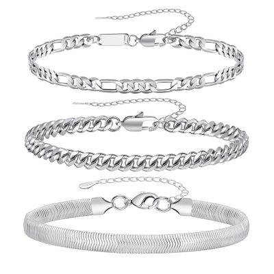 RANKEEF Mens Sterling Silver Bracelet - Chain Cuban Link Figaro Snake Chain 3pcs Silver Bracelet Set for Men