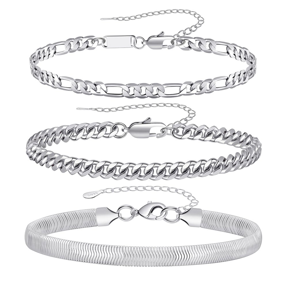 RANKEEF Mens Sterling Silver Bracelet - Chain Cuban Link Figaro Snake Chain 3pcs Silver Bracelet Set for Men