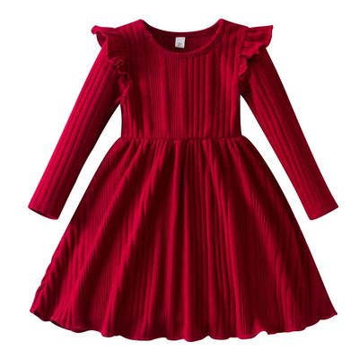 AFAVOM Toddler Girls Sweater Fall Dress Casual Elegant Christmas Ribbed Knit Dress Winter Long Sleeve Pageant Ruffle Dress Kids Crewneck Pullover Knitted Dress Holiday Crochet Clothes Red 4 Years
