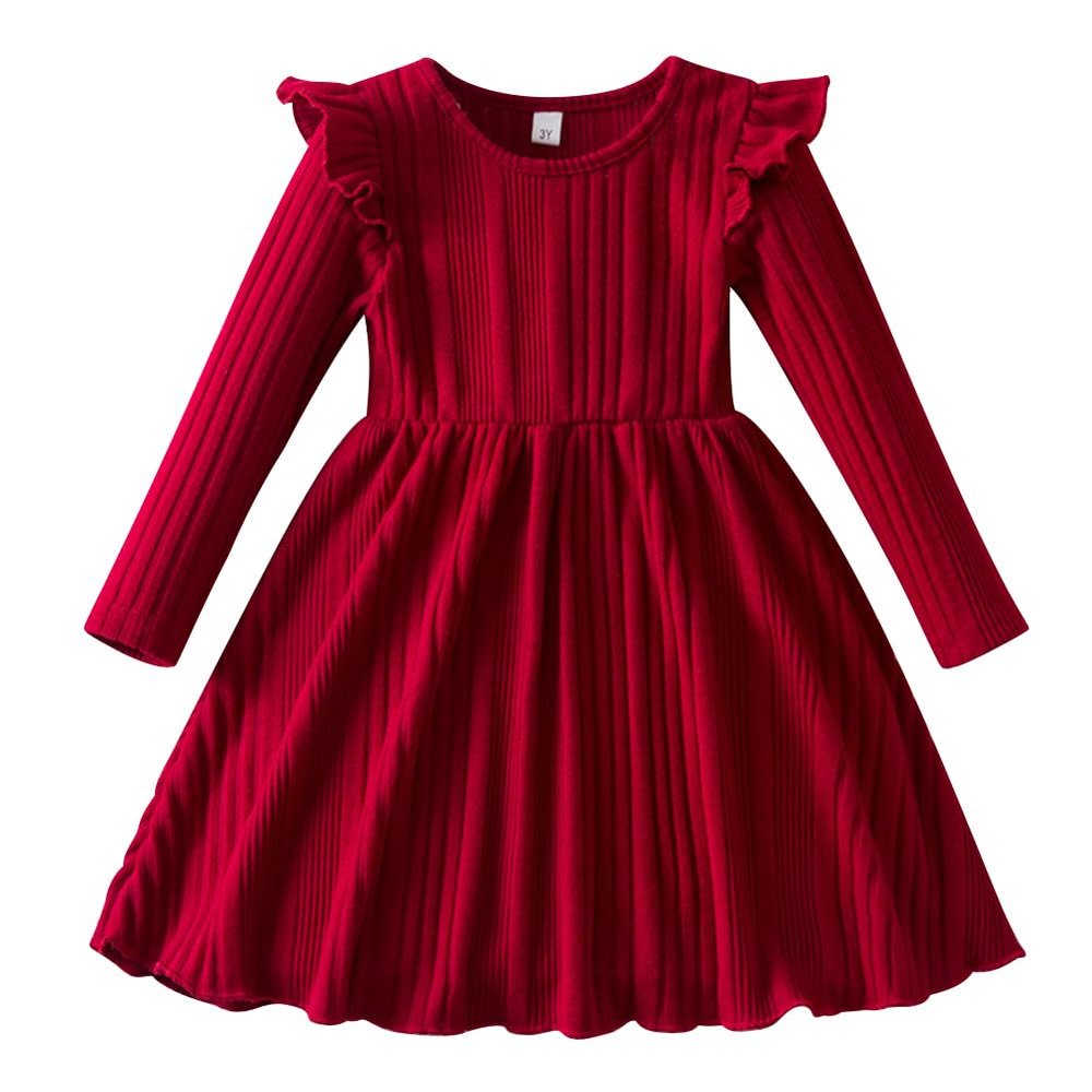 AFAVOM Toddler Girls Sweater Fall Dress Casual Elegant Christmas Ribbed Knit Dress Winter Long Sleeve Pageant Ruffle Dress Kids Crewneck Pullover Knitted Dress Holiday Crochet Clothes Red 4 Years