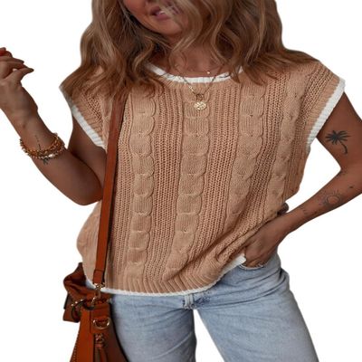 Dokotoo Womens Tops Round Neck Cap Sleeve Color Block Cable Knit Vest Tops for Women Tank Tops Sweater Vest Women Sweaters for Women Khaki Large