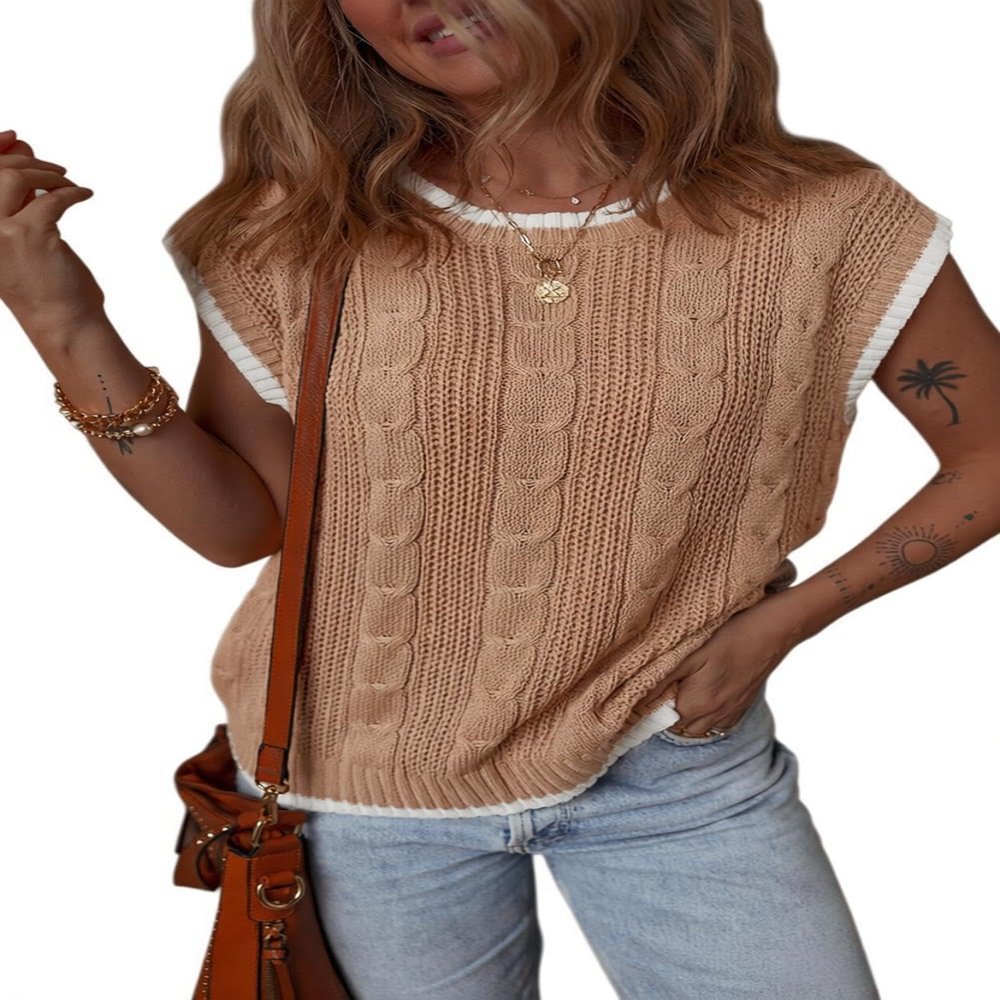 Dokotoo Womens Tops Round Neck Cap Sleeve Color Block Cable Knit Vest Tops for Women Tank Tops Sweater Vest Women Sweaters for Women Khaki Large