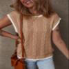 Dokotoo Womens Tops Round Neck Cap Sleeve Color Block Cable Knit Vest Tops for Women Tank Tops Sweater Vest Women Sweaters for Women Khaki Large view 3