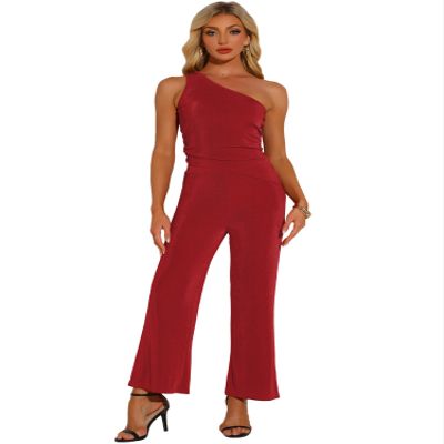 Allegra K Two Piece Outfits for Women's One Shoulder Sleeveless Crop Top Wide Leg Pants Sweatsuits Large Red