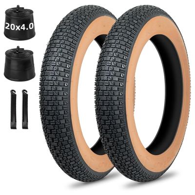 20/26x4.0 Inch E Bike Fat Tire Replacement Set, Brown Sidewall Puncture Protection Tyre with Inner Tube and Lever, Compatible with Mountain Urban Commuting Electric Bicycle Trike