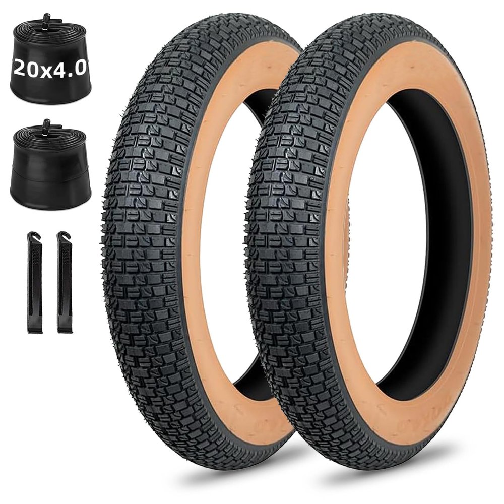 20/26x4.0 Inch E Bike Fat Tire Replacement Set, Brown Sidewall Puncture Protection Tyre with Inner Tube and Lever, Compatible with Mountain Urban Commuting Electric Bicycle Trike