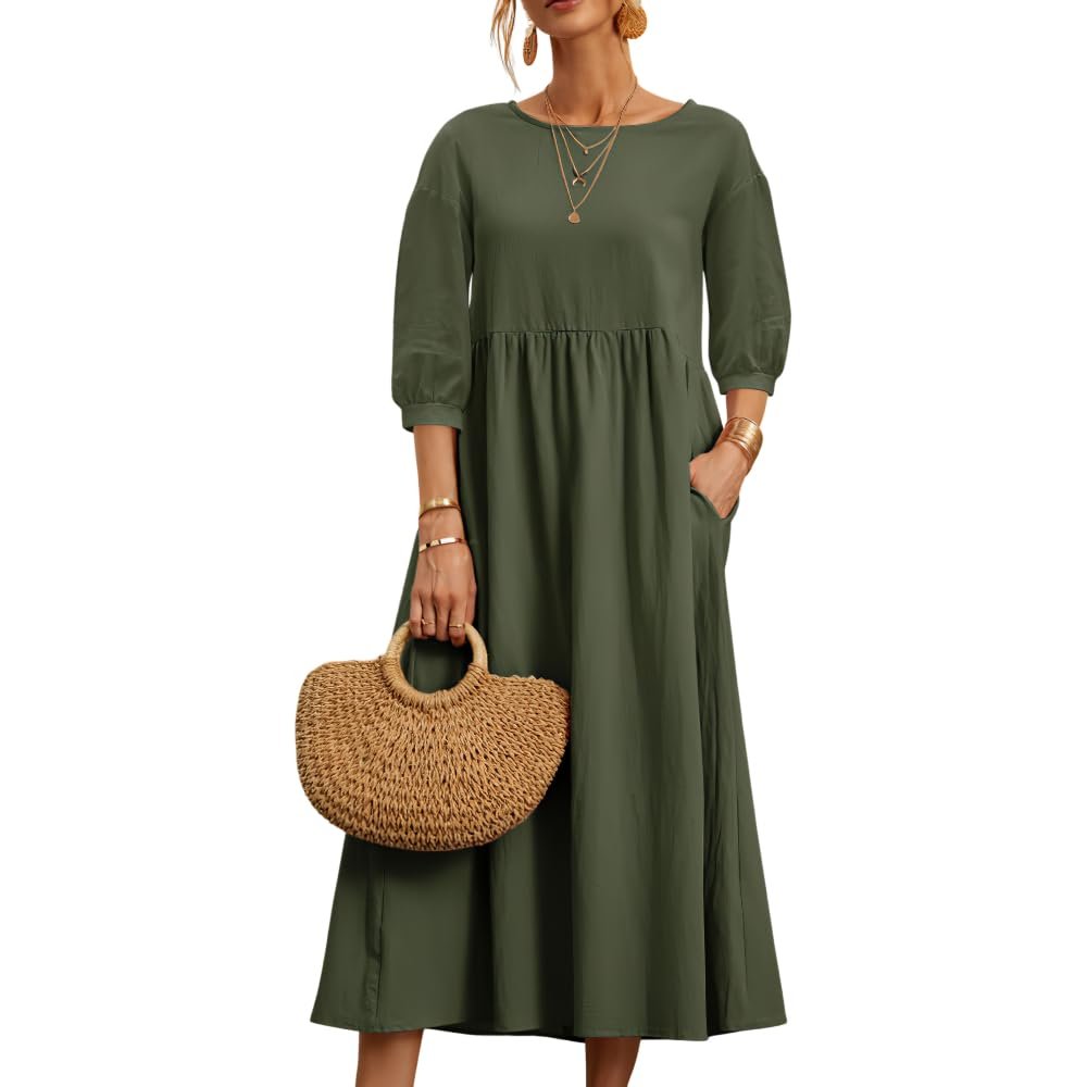 Akivide Women's Summer Cotton Linen Lantern Short Sleeve Dress Crew Neck Loose Casual Tunic Beach Dresses with Pockets