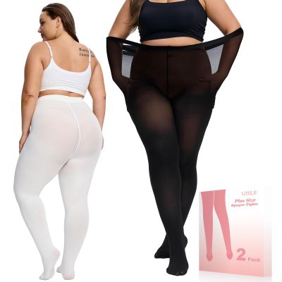 UISLII Plus Size Tights for Women,2 pairs 80D Semi Opaque Tights women,Solid Color Soft High Waist Stockings Size Up to 6XL.(Black+White)
