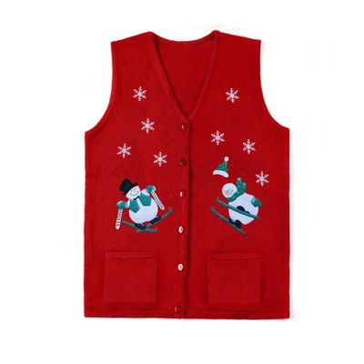 Women Christmas Knit Vest Top Santa Embroidery Sleeveless Button Down Sweater Vest Xmas Snowman Cardigans Tank Top