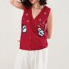 Women Christmas Knit Vest Top Santa Embroidery Sleeveless Button Down Sweater Vest Xmas Snowman Cardigans Tank Top view 3