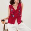 Women Christmas Knit Vest Top Santa Embroidery Sleeveless Button Down Sweater Vest Xmas Snowman Cardigans Tank Top view 4