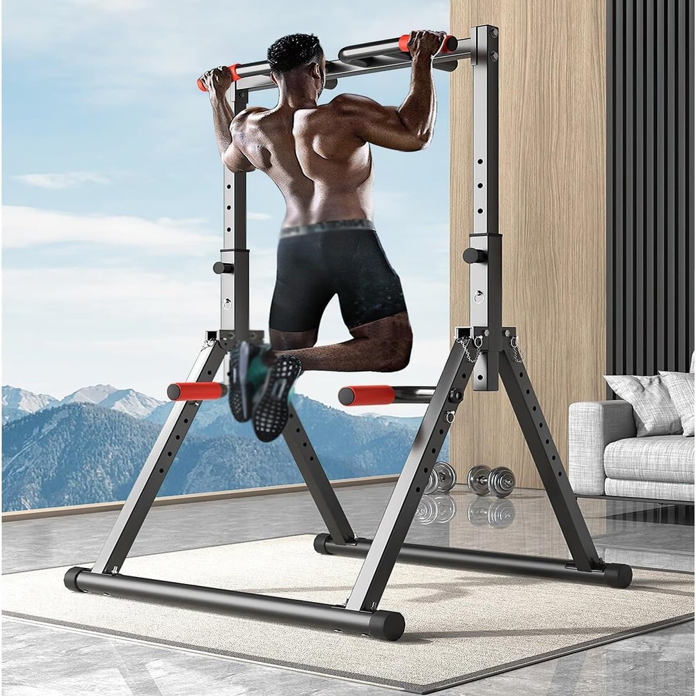QYQCXGL Foldable Fitness Tower Dip Station Pull Up Bar Station Adjustable Multifunction Fitness Tower Station Training Equipment Home Outdoor, Stable Triangular Structure
