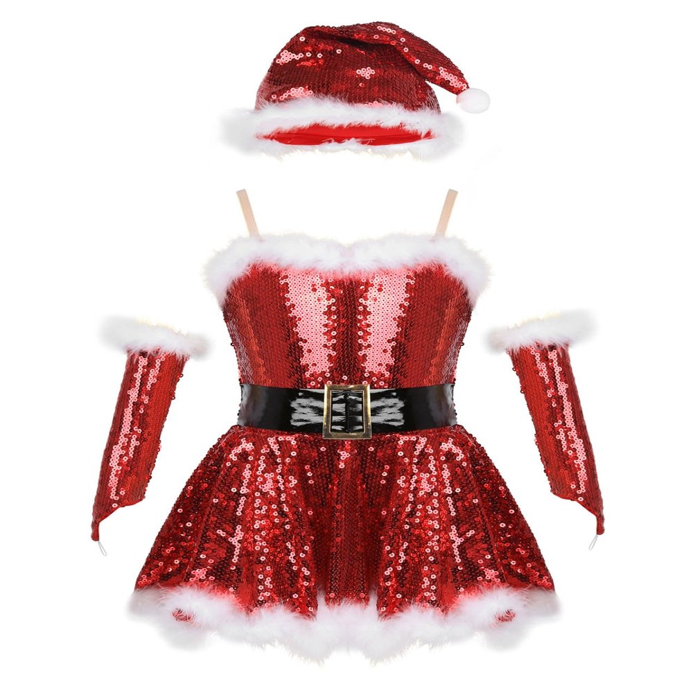 Sinleey Kids Girls Christmas Sleeveless Ballet Dance Tutu Dress Sparkly Figure Skating Dress with Hat Santa Claus Costume Red 4 Years