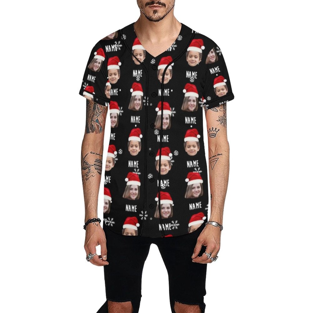 Personalized Men's Baseball Shirts for Photo Face, Customized Button-Up Jerseys for Adults, Design Your Own Casual Jersey with a Picture, Custom Baseball Uniforms, Christmas Cap Pattern