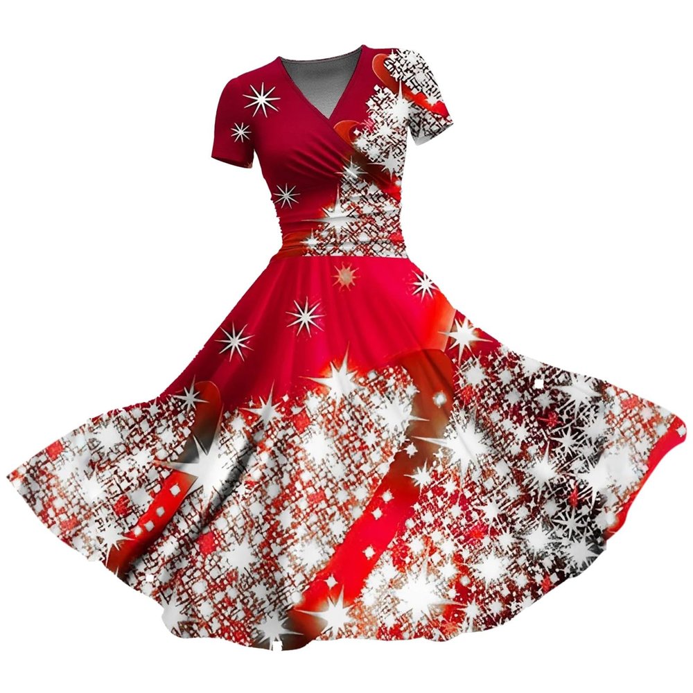 ZYXTIM Women Vintage Christmas Dress V Neck Novelty Printed Classic Swing Cocktail Dresses Short Sleeve Slim Fitting Flowy Holiday Dresses Cocktail Party Dresses