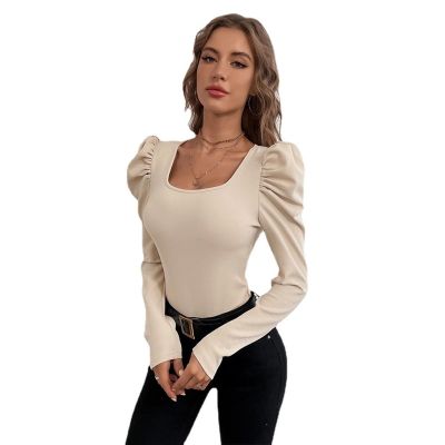 T-Shirts for Womens Tops Women Square Neck Slim Leg of Mutton Sleeve Knit Long Sleeve T-Shirt Commuter Tops(Beige White,Large)