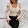T-Shirts for Womens Tops Women Square Neck Slim Leg of Mutton Sleeve Knit Long Sleeve T-Shirt Commuter Tops(Beige White,Large) view 2