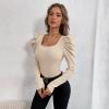 T-Shirts for Womens Tops Women Square Neck Slim Leg of Mutton Sleeve Knit Long Sleeve T-Shirt Commuter Tops(Beige White,Large) view 4