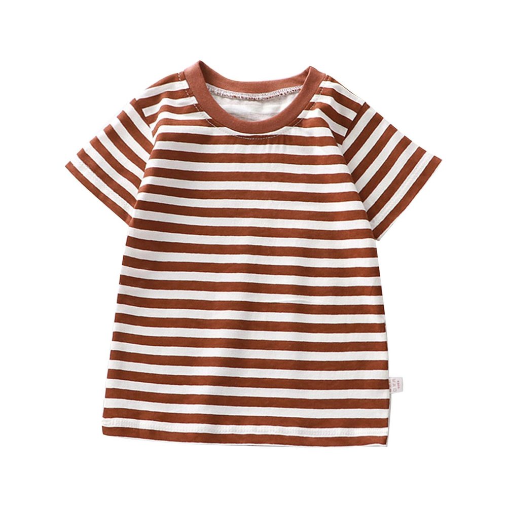 Toddler Baby Boys Girls Striped Color Block Short Sleeve T Shirts Kids Casual Crewneck Shirt (Brown, 12-18 Months)