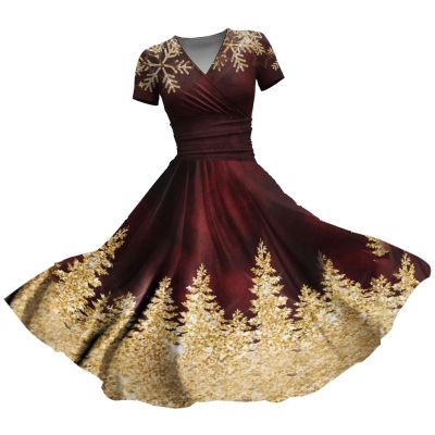 ZYXTIM Women Vintage Christmas Dress V Neck Novelty Print Classic Swing Cocktail Party Dresses Flowy Holiday Dresses Cocktail B-Wine