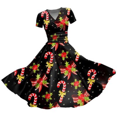 ZYXTIM Women Vintage Christmas Dress V Neck Novelty Print Classic Swing Cocktail Party Dresses Flowy Holiday Dresses Cocktail A-Black