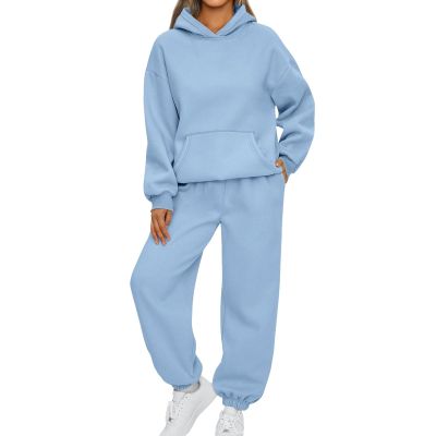 Sweatsuits Women 2 Piece Outfit,2024 Casual Loose Oversized Hoodies Jogger Sweatpants Y2K Tracksuit Long Sleeve Lounge Sweatshirt Fall Fashion Sweatsuit With Pockets(B-Sky Blue,L)
