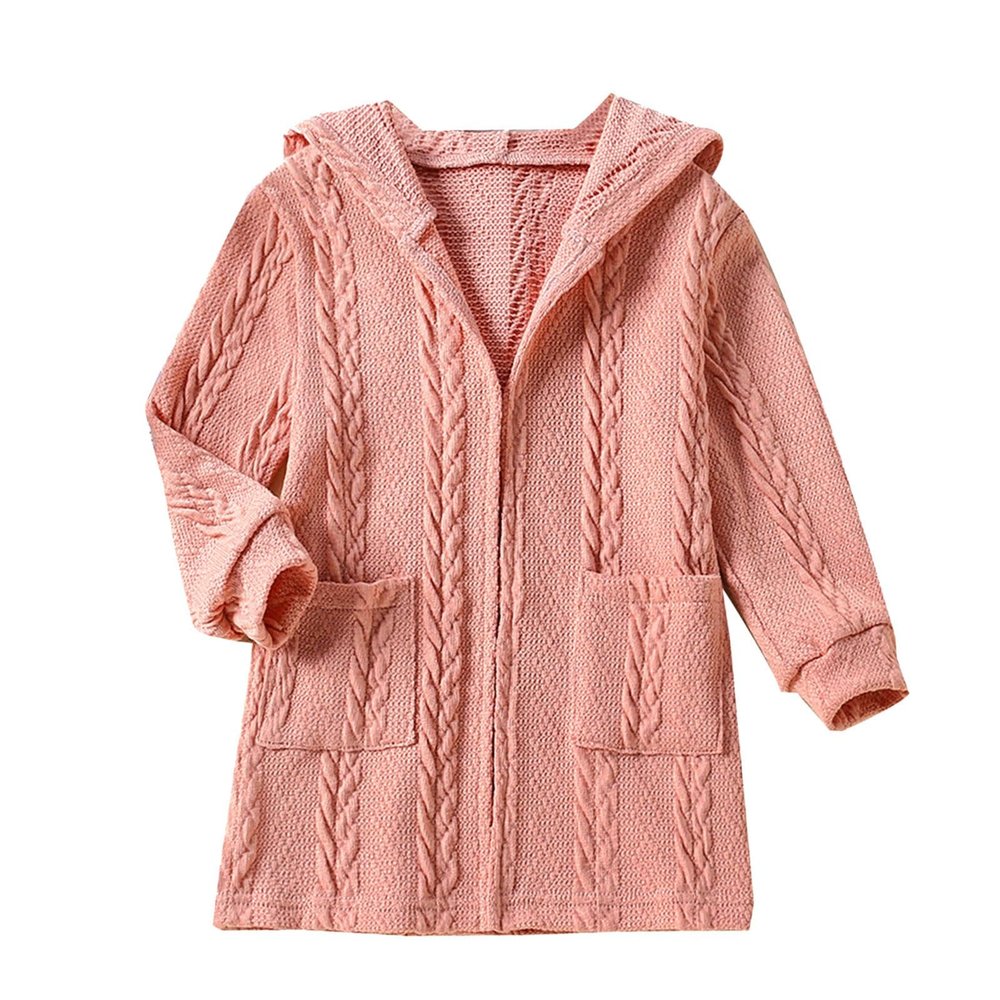 Girls Solid Knit Open Front Cardigan Sweater Hooded Coat Kids Winter Long Dress Long Sleeve Coat Jacket with (Pink, 110)