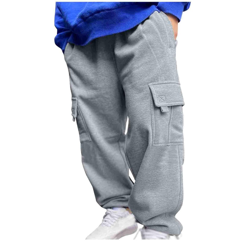 Cargo Joggers for Men Winter Fleece Straight Leg Athletic Pants Classic Drawstring Waisted Lounge Cargo Wide Leg Pants Gray