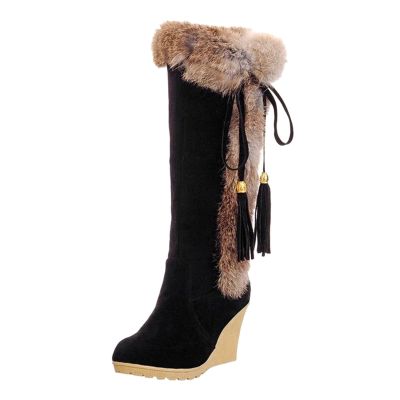 Women's Winter Warm Outdoor Mid Calf Boots High Heels Wedge Snow Bootie Faux Fur Comfortable Knee High Fuzzy Boots