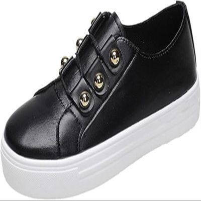 Women's Round Toe Platform Sneakers Low Cut Casual Rivet Lace-up Classic PU Lightweight Walking Shoes Arch Support Non-Slip Flat Sporty Shoes for Daily Travel Driving(Black,7.5 US)