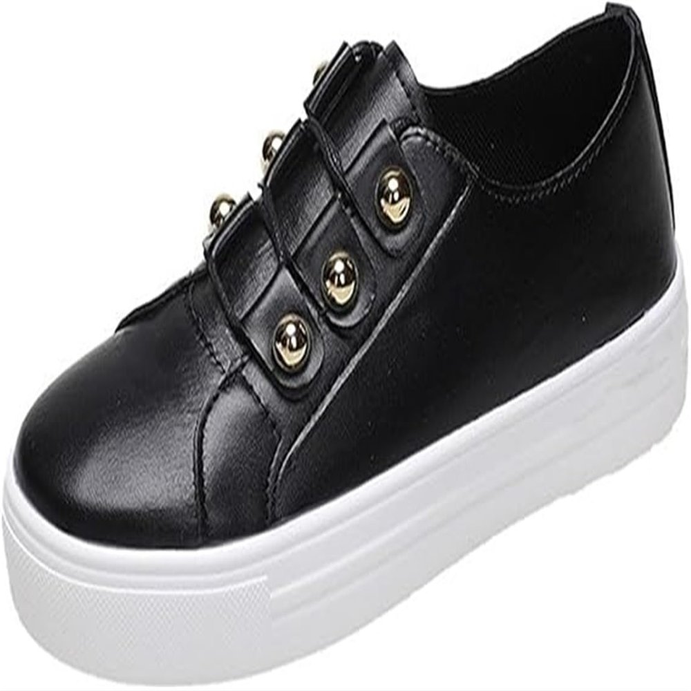 Women's Round Toe Platform Sneakers Low Cut Casual Rivet Lace-up Classic PU Lightweight Walking Shoes Arch Support Non-Slip Flat Sporty Shoes for Daily Travel Driving(Black,7.5 US)