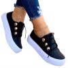 Women's Round Toe Platform Sneakers Low Cut Casual Rivet Lace-up Classic PU Lightweight Walking Shoes Arch Support Non-Slip Flat Sporty Shoes for Daily Travel Driving(Black,7.5 US) view 2