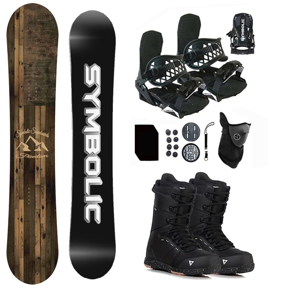 Symbolic Freedom Airtracks Men Snowboard & Bindings & Boots & Leash & Stomp & Gaiter Complete System Package Freeride Freestyle (160 cm, 8.5 Men(Eu41) at BLK+BLK Binding)