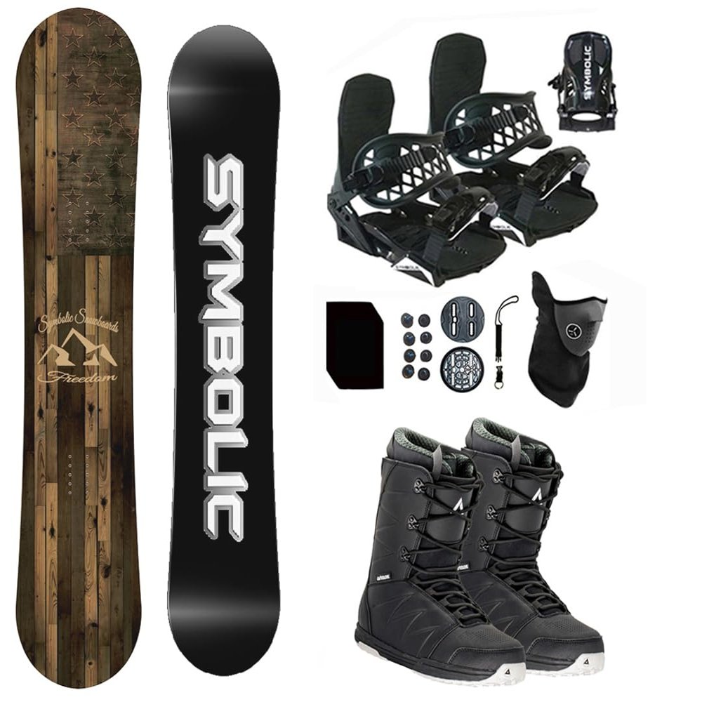 Symbolic Freedom Airtracks Men Snowboard & Bindings & Boots & Leash & Stomp & Gaiter Complete System Package Freeride Freestyle (163 cm, 8.5 Men(Eu41) at BLK+BLK Binding)